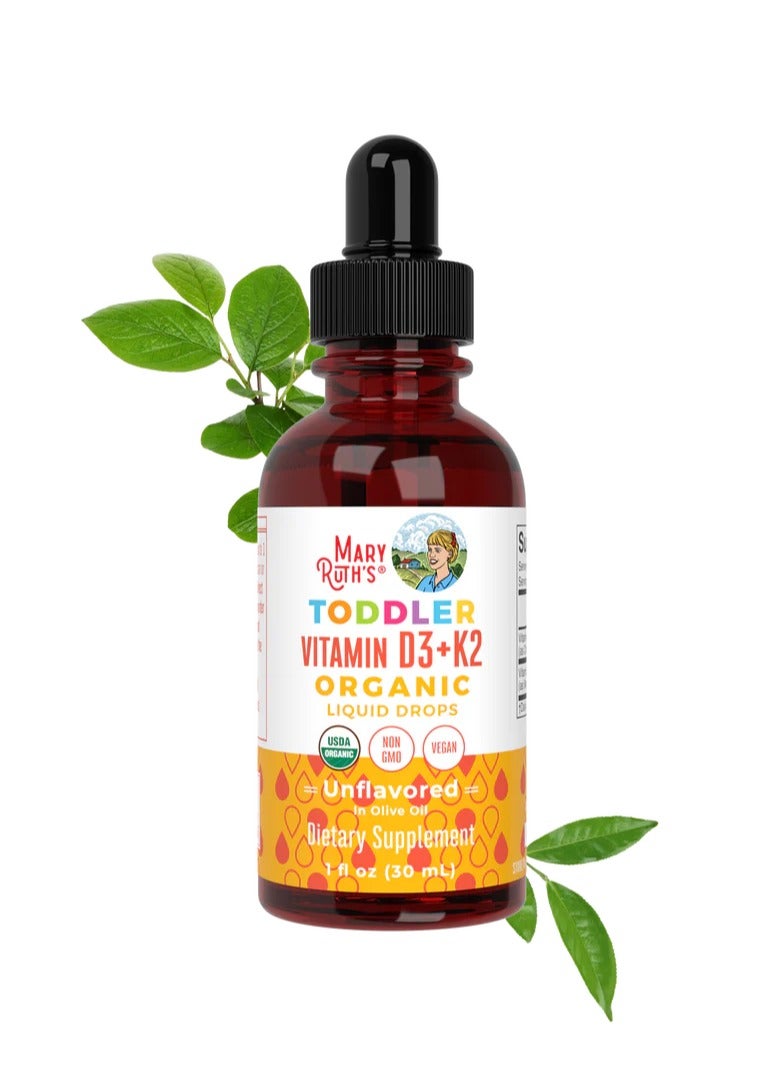 Organic Toddler Vitamin D3 + K2 Liquid Drops, 1-3 Years, Unflavored, 1 fl oz (30 ml)